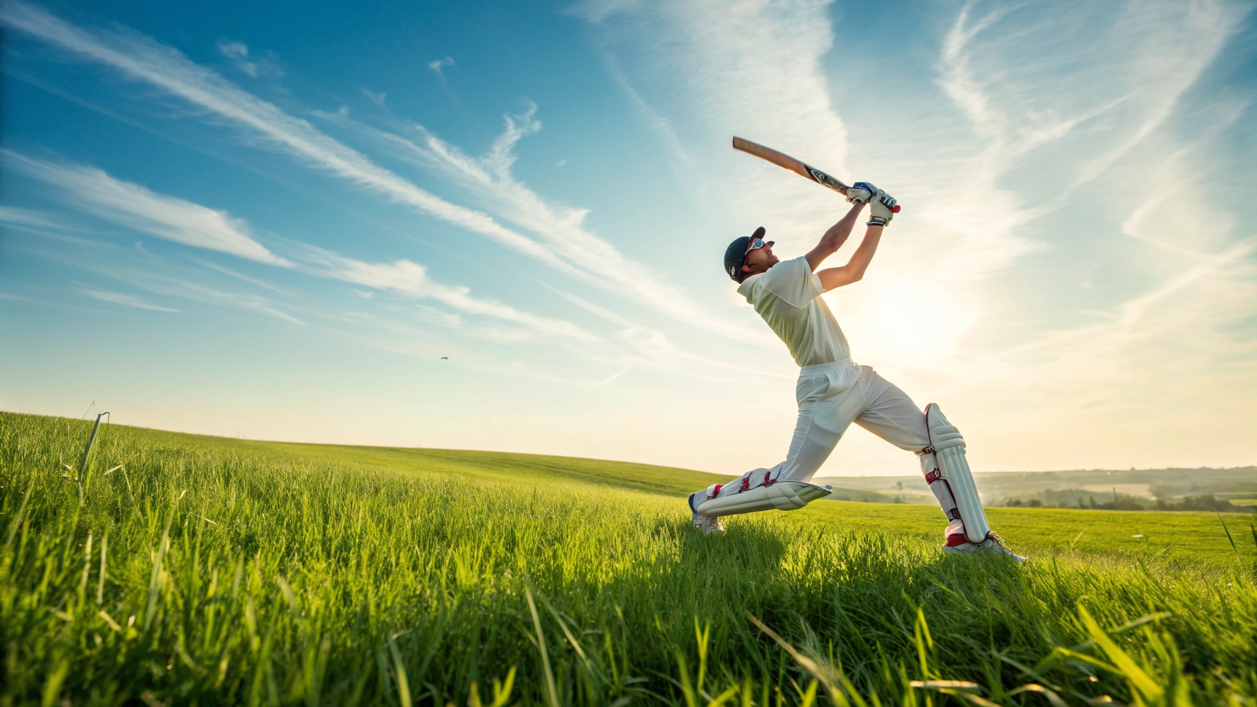 Cricket player in high athletic movement on the field showing physical fitness