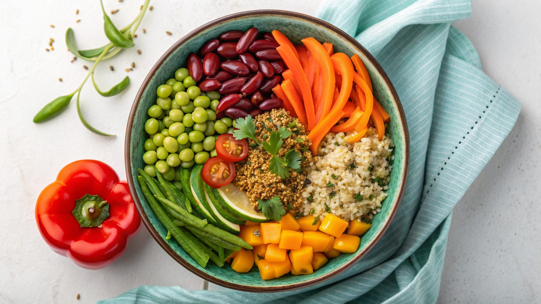 Stunning fresh healthy food bowl filled with grains, greens, and vibrant vegetables