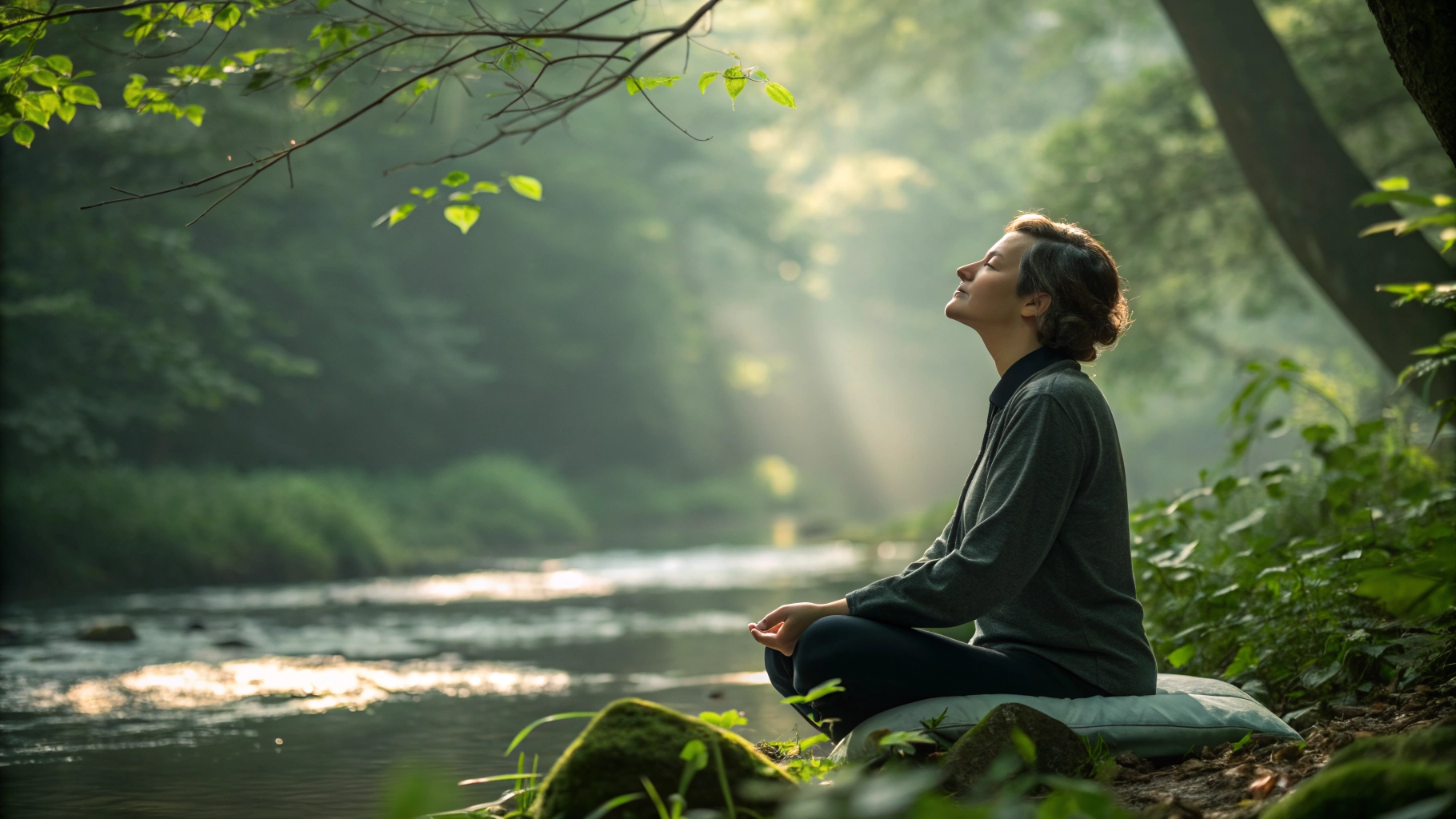 A person meditating and practicing deep pranayama alternate nostril breathing outside in soft morning light